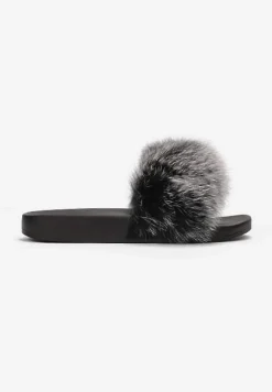 Czarno-Szare Klapki z Futrem Turtlefeather