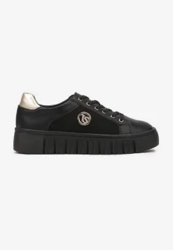 Czarno-Złote Sznurowane Sneakersy Vices na Platformie z Tłoczeniem i Metaliczną Aplikacją Lavfedi