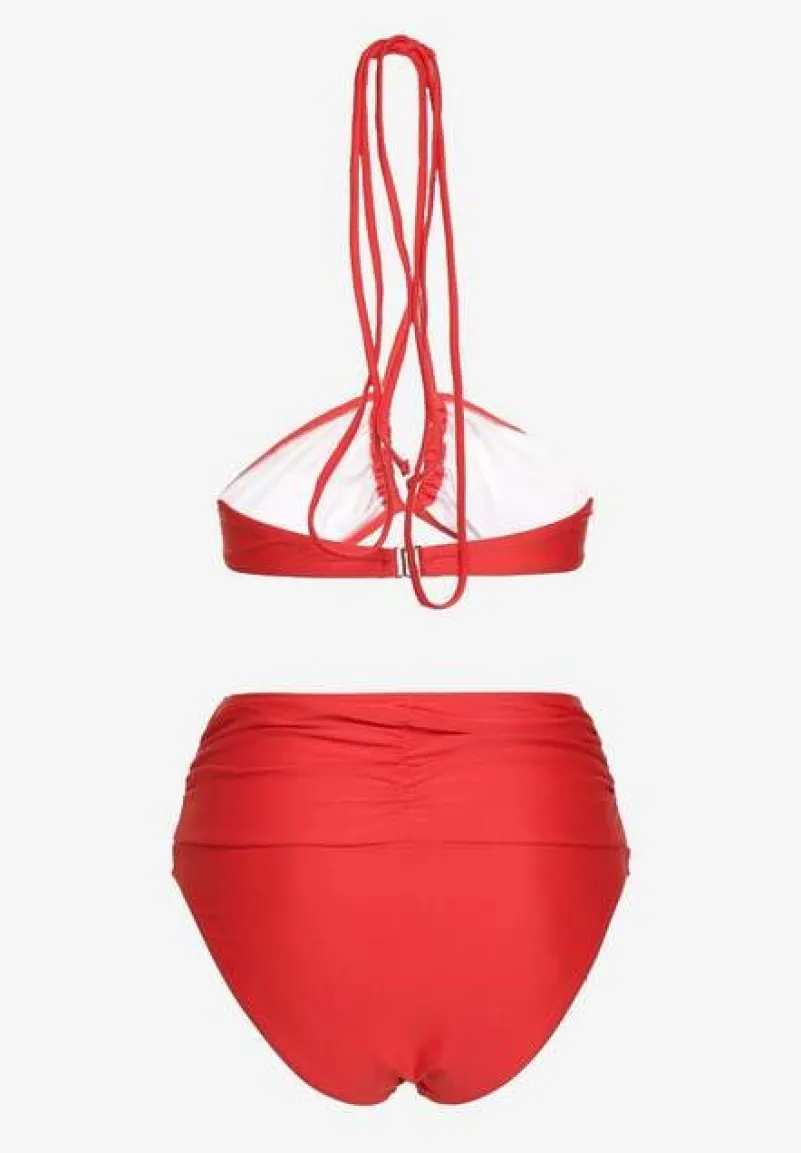Czerwone 2-Częściowe Bikini Stanik Zapinany przy Szyi z Wiązaniem Figi z Wysokim Stanem Nanselian