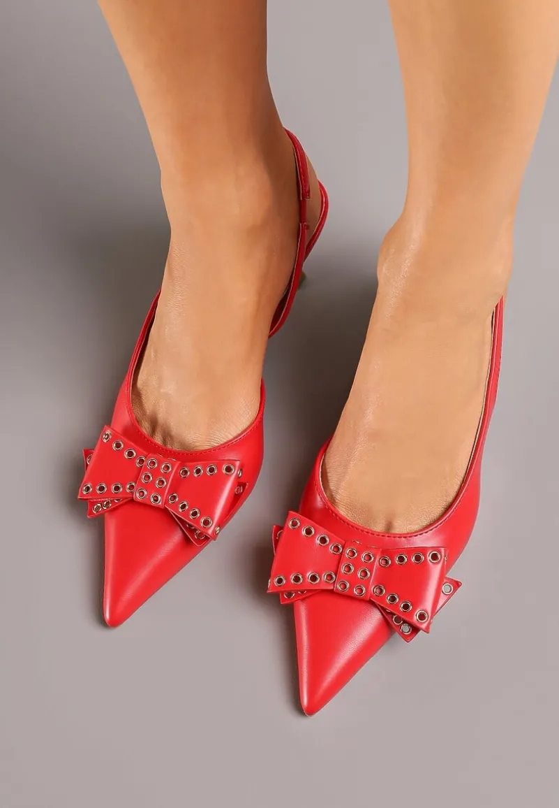 Czerwone Sandały Vices na Kaczuszce Slingback z Kokardą i Nitami Fennadia