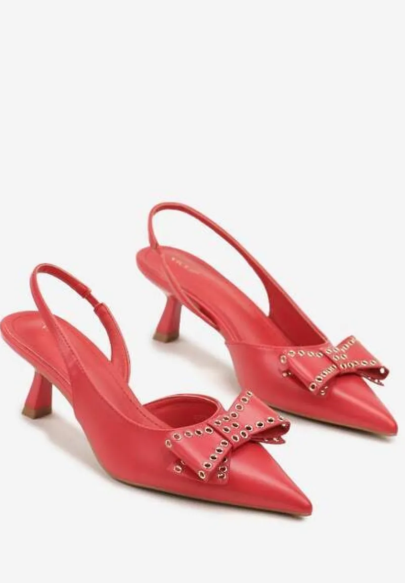 Czerwone Sandały Vices na Kaczuszce Slingback z Kokardą i Nitami Fennadia