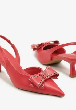 Czerwone Sandały Vices na Kaczuszce Slingback z Kokardą i Nitami Fennadia