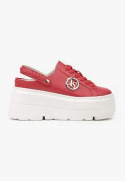 Czerwone Sneakersy Vices na Platformie z Tłoczeniem Paskiem na Pięcie i Metaliczną Aplikacją Selfedi