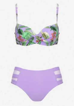 Fioletowe Bikini Biustonosz w Liście i Majtki Figi z Siateczkowymi Wstawkami Kinalea