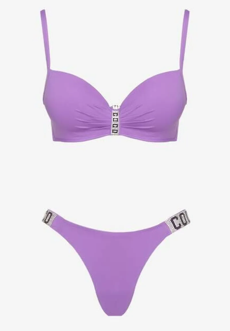Fioletowe Bikini Biustonosz i Majtki Figi z Aplikacją z Cyrkoniami Nateria