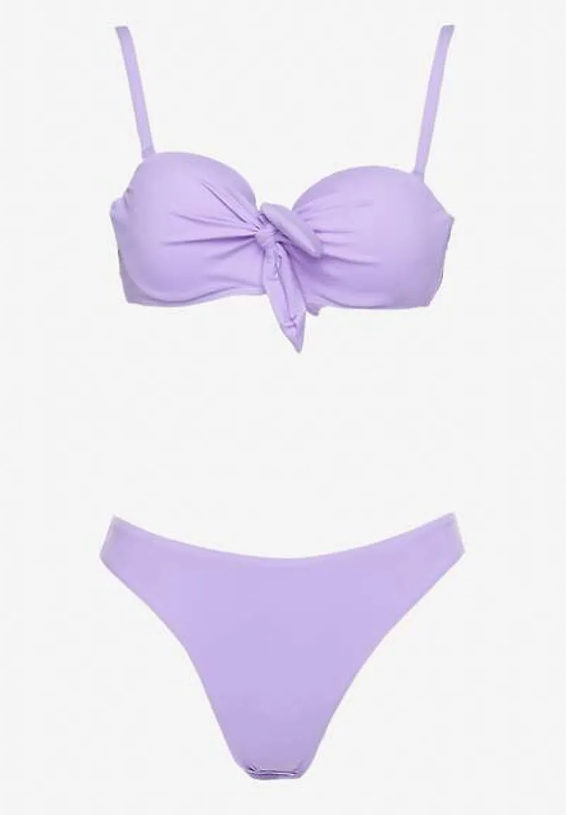 Fioletowe Bikini Majtki Figi i Usztywniany Biustonosz na Ramiączkach z Regulacją i Ozdobnym Wiązaniem Celiamarie