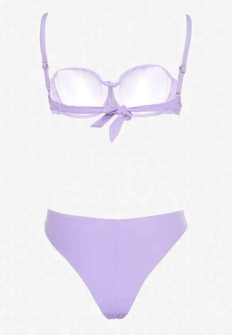 Fioletowe Bikini Majtki Figi i Usztywniany Biustonosz na Ramiączkach z Regulacją i Ozdobnym Wiązaniem Celiamarie