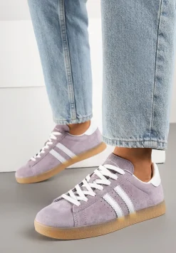 Fioletowo-Białe Sneakersy Zamszowe Typu Tenisówki ze Skórzaną Wkładką Ciarivione