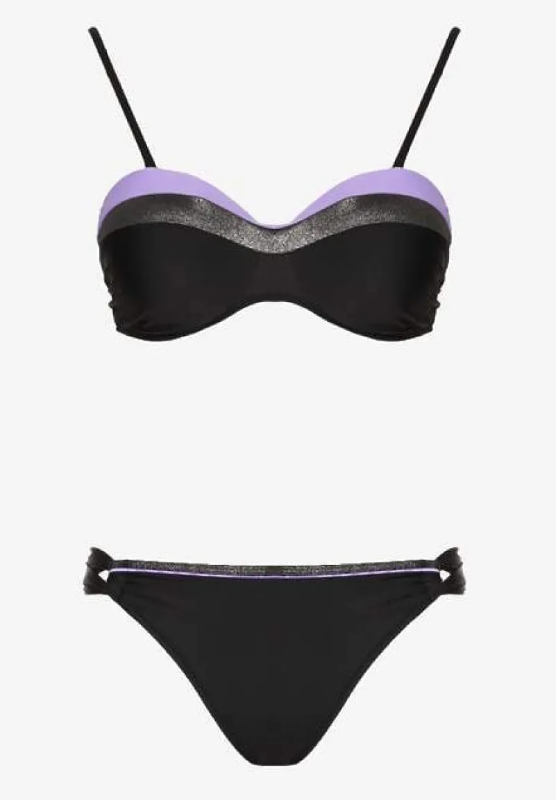 Fioletowo-Czarne Bikini z Metaliczną Nicią Usztywniany Biustonosz i Figi Mitelle