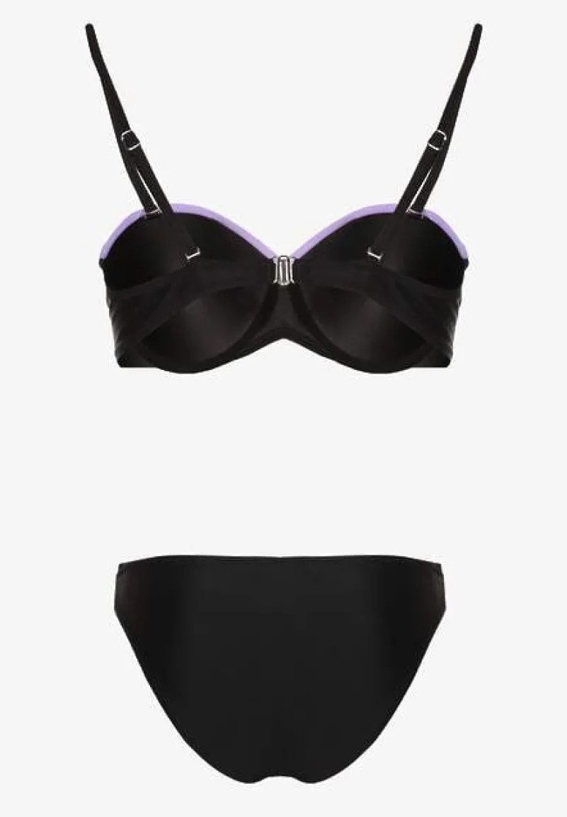 Fioletowo-Czarne Bikini z Metaliczną Nicią Usztywniany Biustonosz i Figi Mitelle