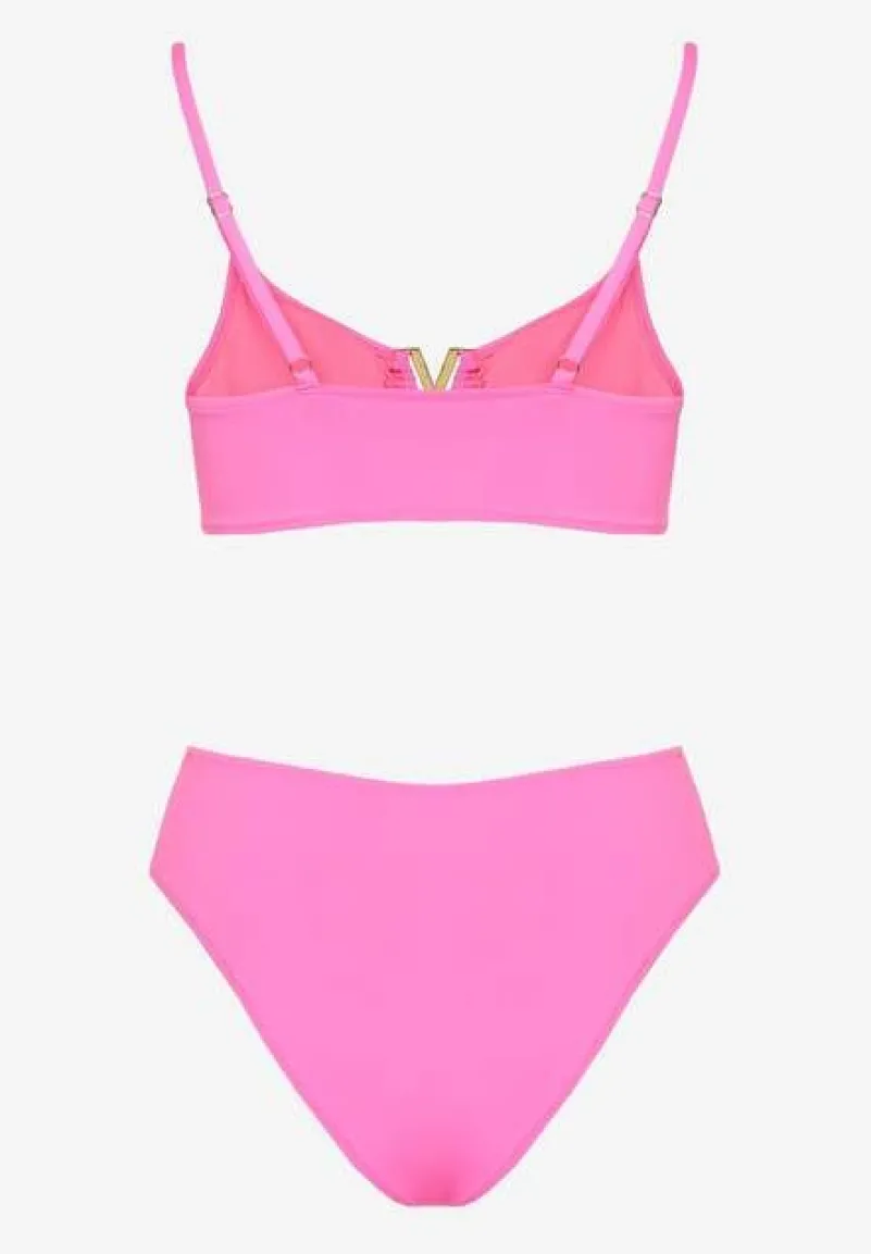 Fuksjowe Bikini Majtki Figi i Biustonosz Ozdobiony Metaliczną Aplikacją Kinniela