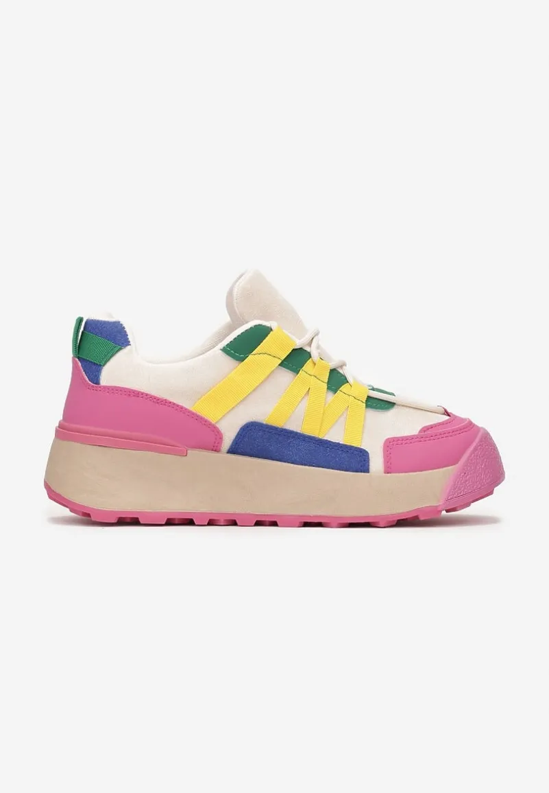 Fuksjowe Sznurowane Płaskie Sneakersy z Kolorowymi Wstawkami z Ekoskóry Wonise