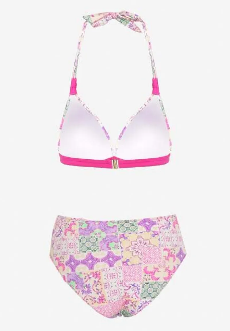 Fuksjowo-Beżowe Bikini w Mozaikowy Wzór z Biżuteryjną Klamerką Vextella