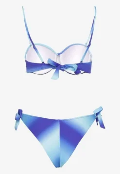 Granatowe Bikini Majtki Typu Figi i Biustonosz z Marszczeniem w Geometryczny Wzór Kinnira