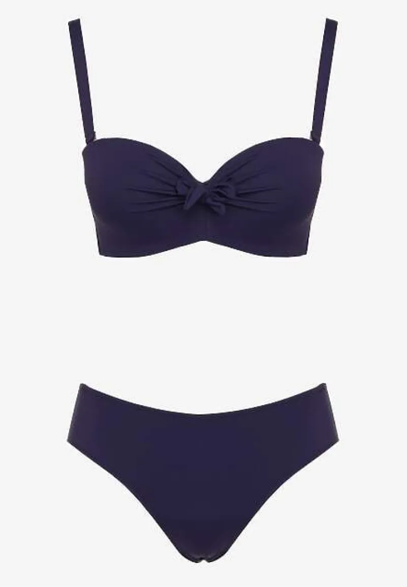 Granatowe Bikini Strój Kąpielowy Dwuczęściowy z Ozdobnym Marszczeniem Nariella