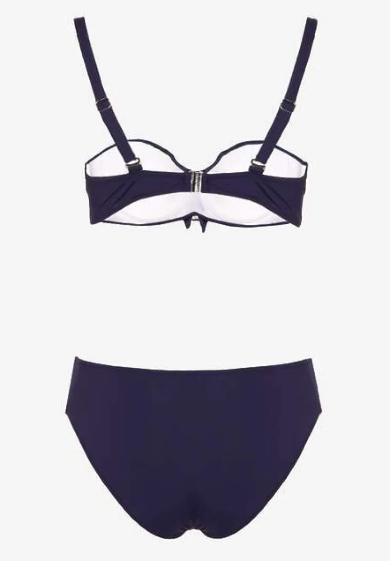 Granatowe Bikini Strój Kąpielowy Dwuczęściowy z Ozdobnym Marszczeniem Nariella