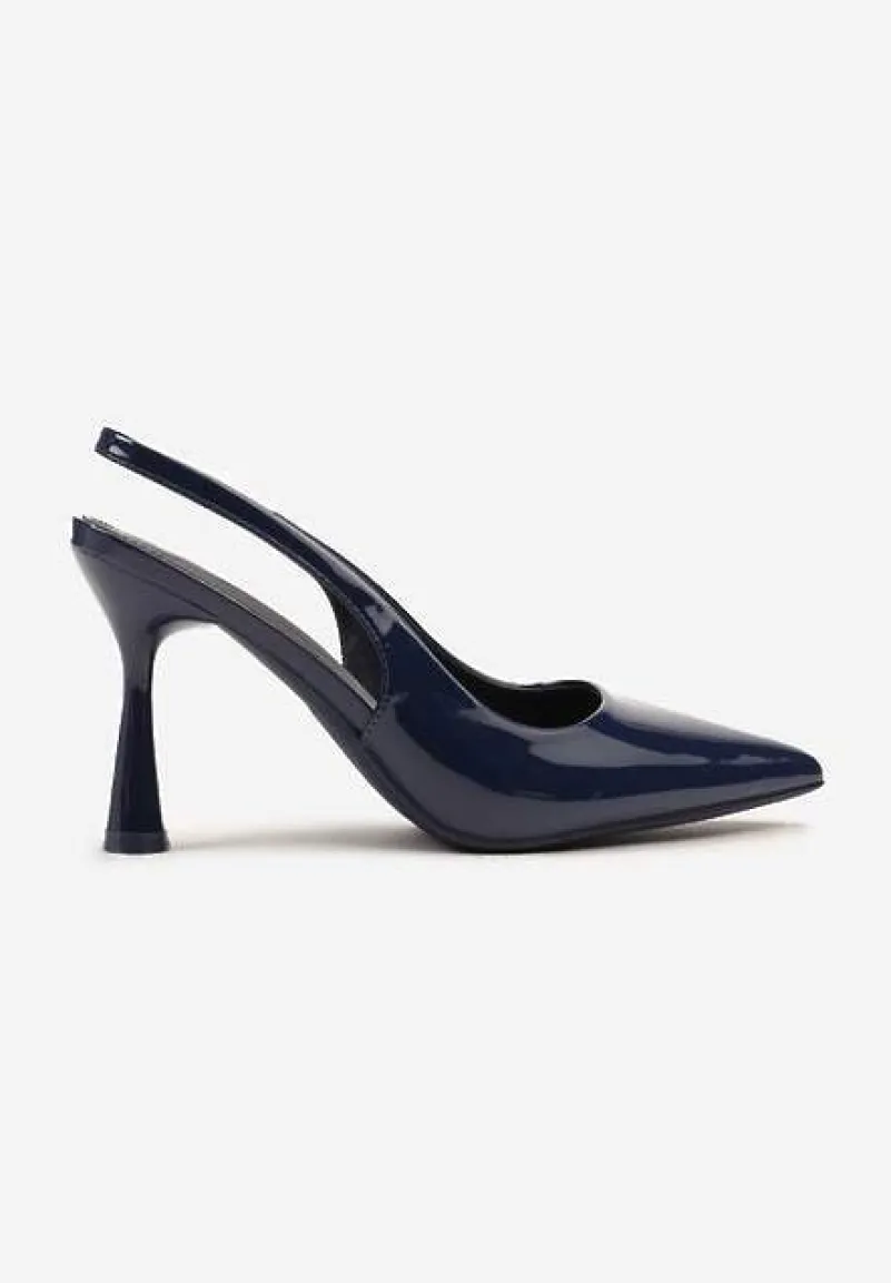 Granatowe Lakierowane Sandały Szpilki Typu Slingback Ulios