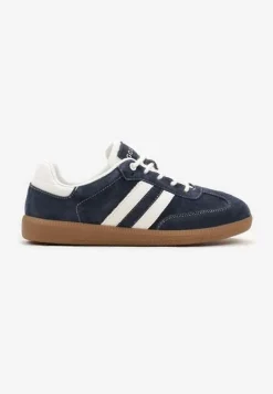 Granatowe Sneakersy ze Skóry Naturalnej na Płaskiej Podeszwie Wykończone Paskami Navinda