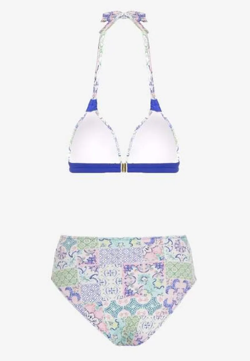Granatowo-Beżowe Bikini w Mozaikowy Wzór z Biżuteryjną Klamerką Vextella