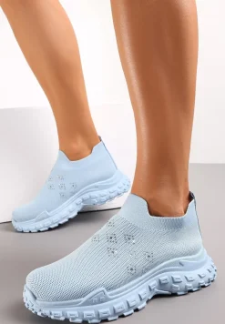 Jasnoniebieskie Buty Sportowe na Grubej Podeszwie z Elastyczną Cholewką z Cyrkoniami Kolby