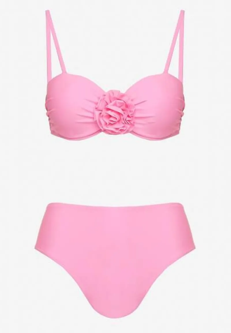 Jasnoróżowe Bikini Majtki Figi Biustonosz Ozdobione Kwiatem 3D Tenionea