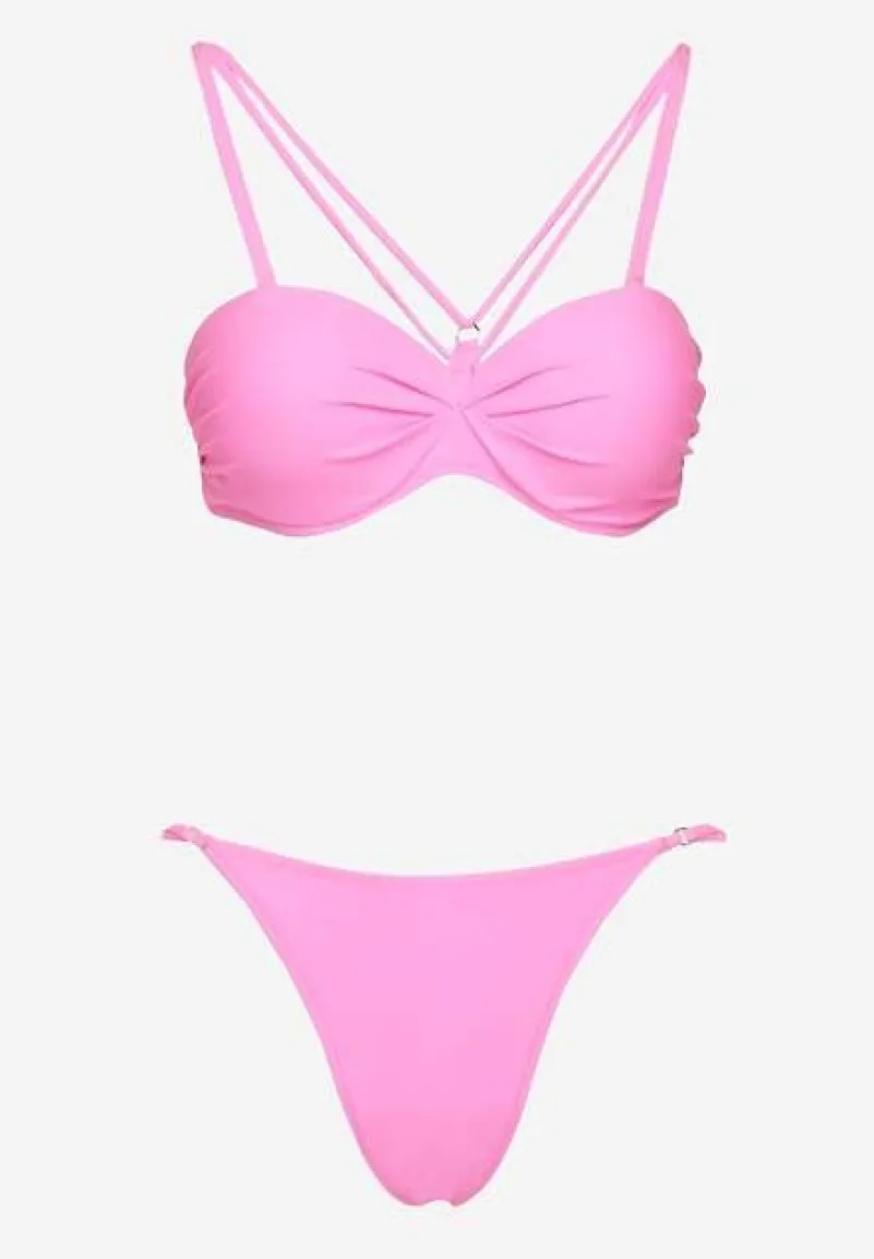 Jasnoróżowe Bikini Majtki Typu Figi i Biustonosz z Ozdobnymi Paskami Fadelinna