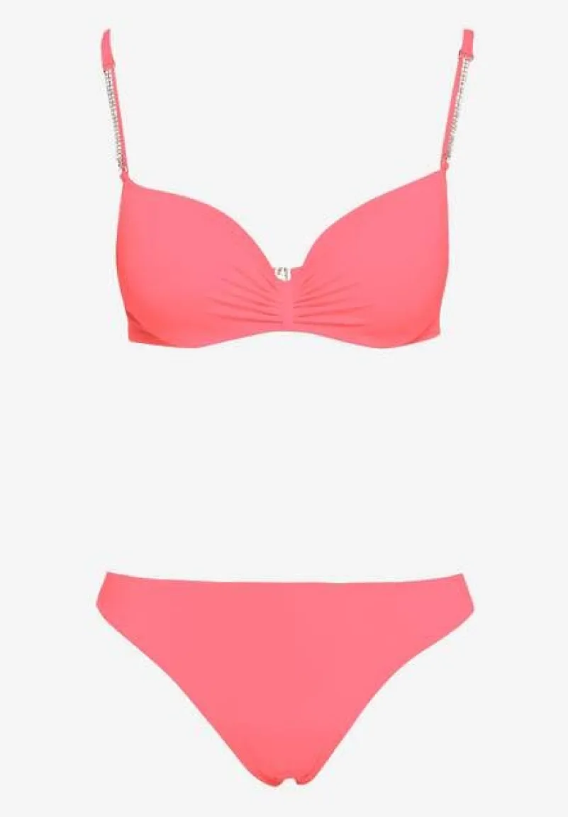 Jasnoróżowe Bikini Usztywniany Biustonosz z Cyrkoniami i Spodenki Kąpielowe Wykończone Gumką w Pasie Rilamia