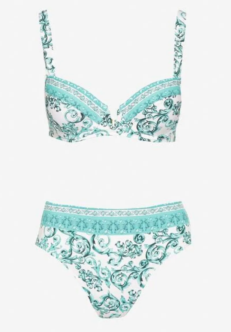 Jasnozielone Bikini Zdobione Ornamentalnym Printem Biustonosz i Figi Mirulea