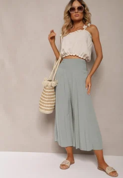 Jasnozielone Szerokie Spodnie High Waist o Długości 7/8 Rathi