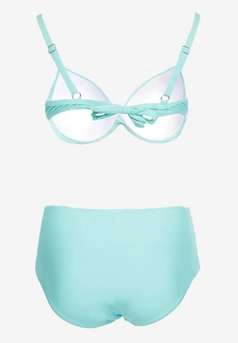 Miętowe Bikini 2-Częściowe Biustonosz Wiązany z Tyłu i Majtki High Waist z Marszczeniami Ekubia