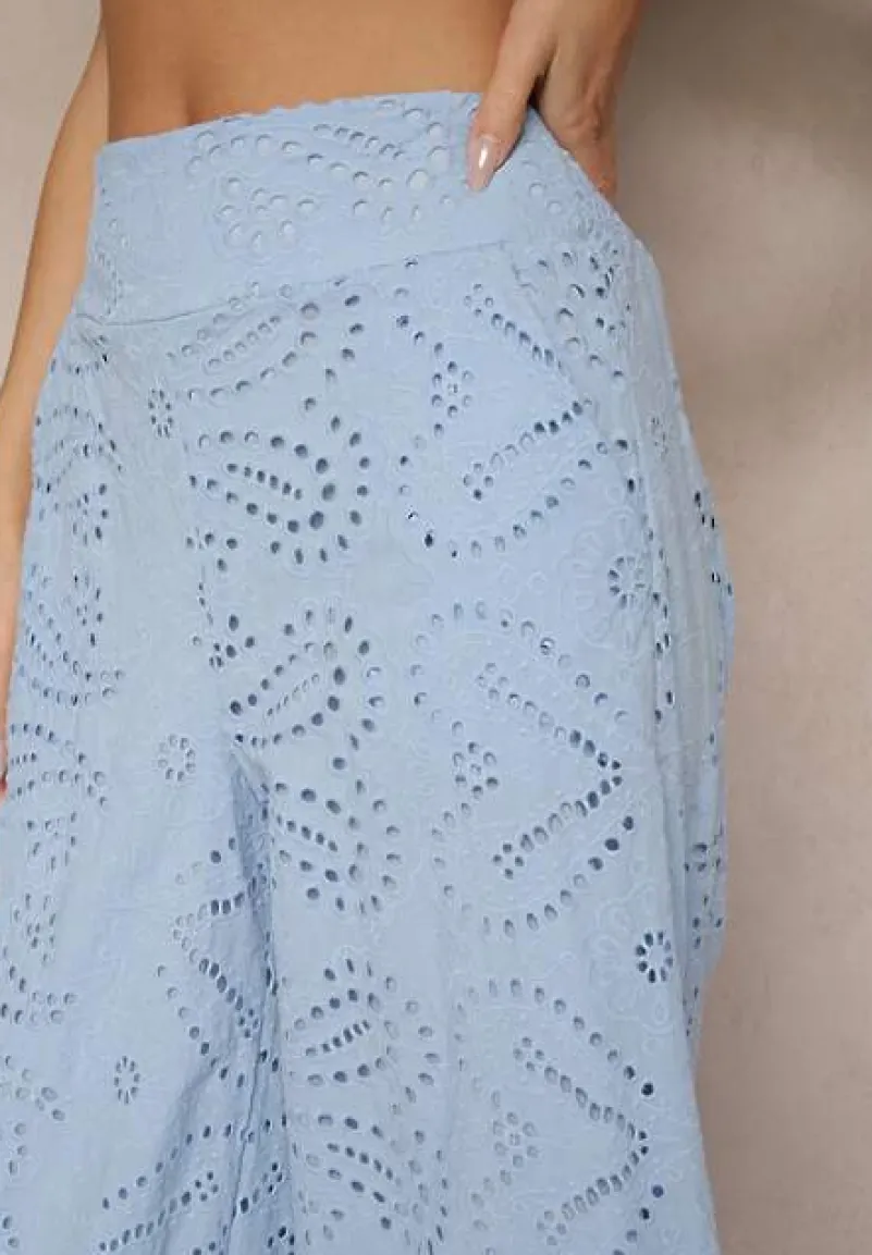 Niebieskie Ażurowe Spodnie z Bawełny High Waist o Szerokim Kroju Evinassa