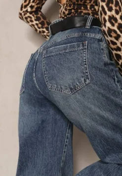 Niebieskie Bawełniane Jeansy Boyfriend High Waist Ozdobione Paskiem Elvittia