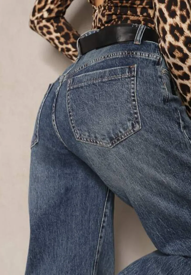 Niebieskie Bawełniane Jeansy Boyfriend High Waist Ozdobione Paskiem Elvittia