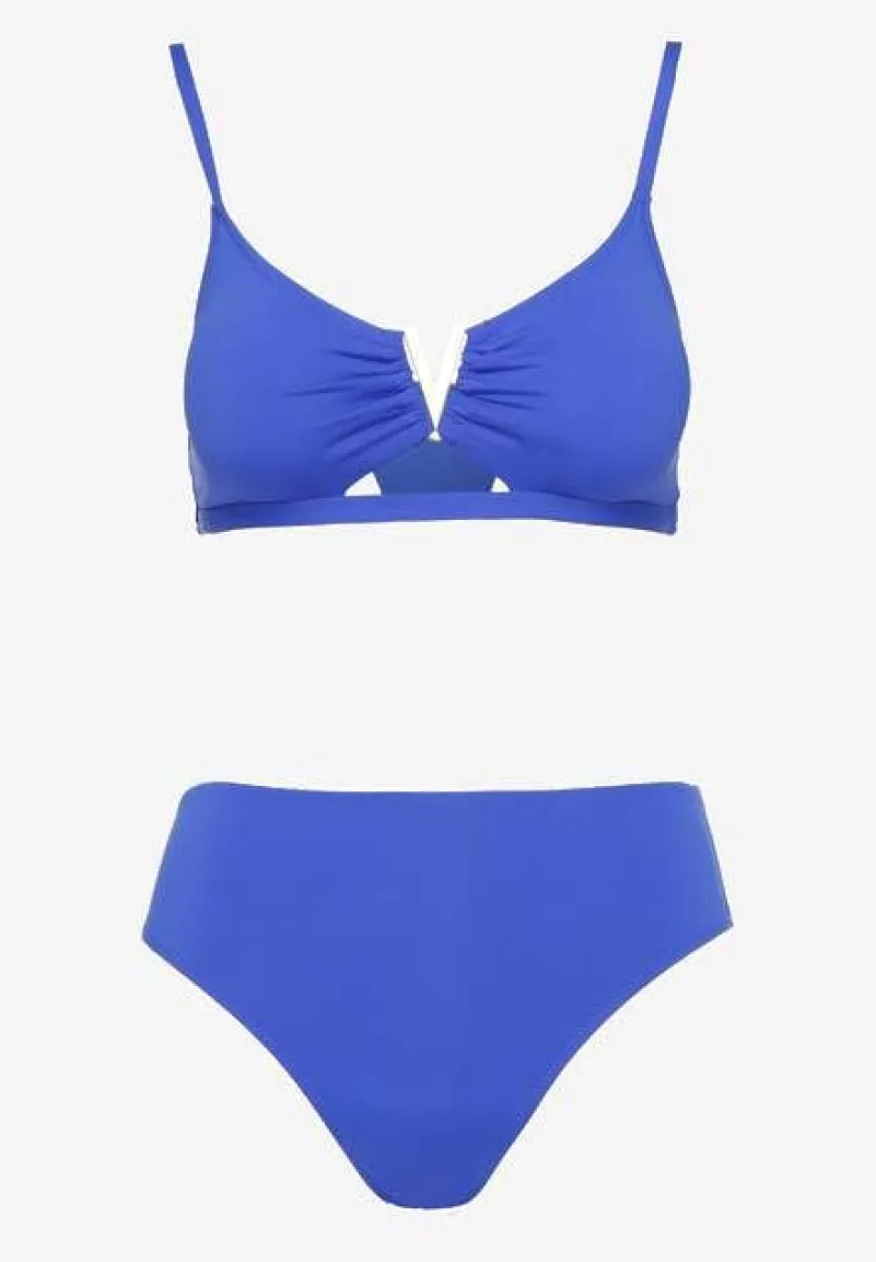 Niebieskie Bikini Majtki Figi i Biustonosz Ozdobiony Metaliczną Aplikacją Kinniela