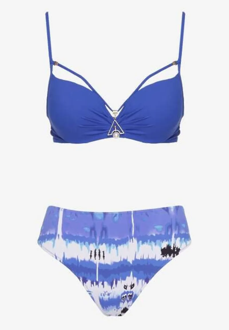 Niebieskie Bikini Majtki Figi i Biustonosz Push-Up Ozdobiony Paskami Wiobella