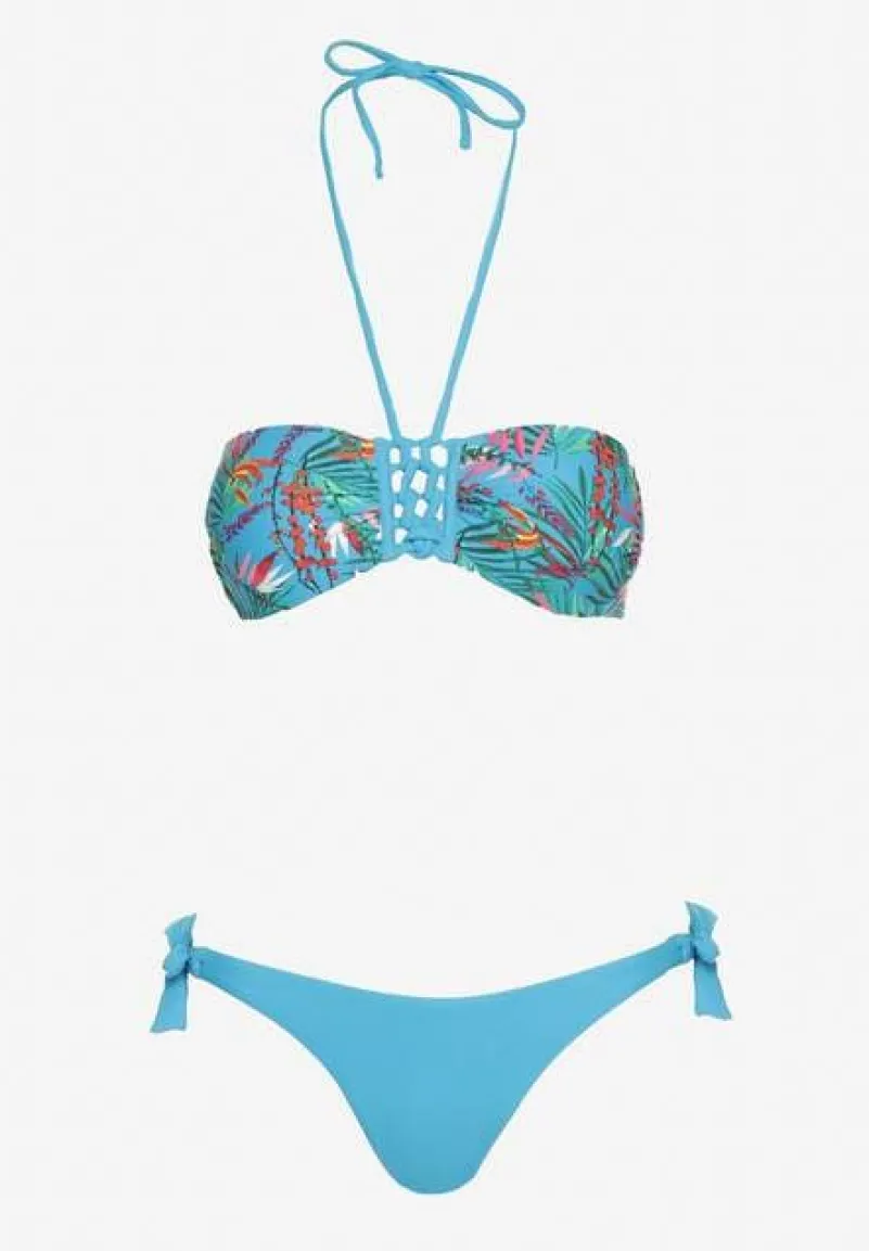 Niebieskie Bikini Majtki Figi ze Sznurkami po Bokach i Usztywniany Biustonosz z Wiązaniem Natmarie