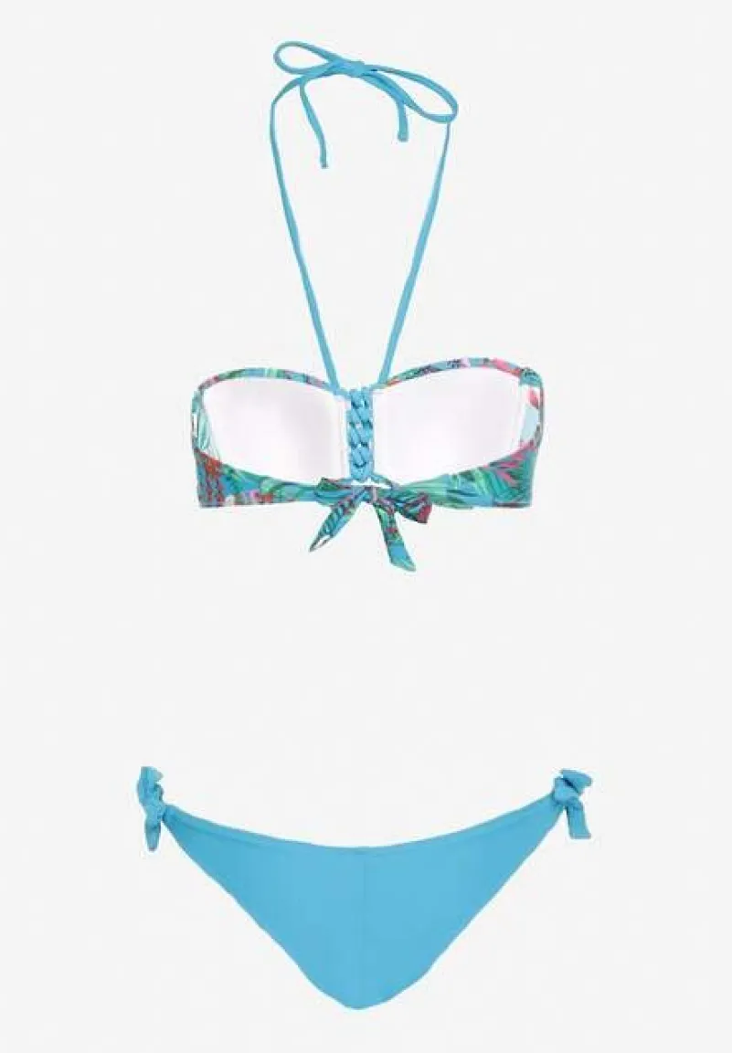 Niebieskie Bikini Majtki Figi ze Sznurkami po Bokach i Usztywniany Biustonosz z Wiązaniem Natmarie