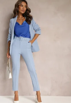 Niebieskie Dopasowane Spodnie Garniturowe High Waist z Paskiem w Talii Ozdobionym Klamrą Binah