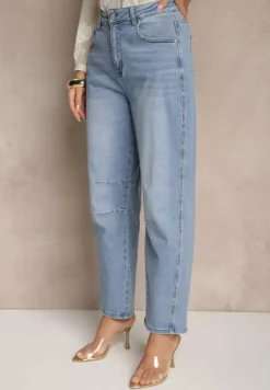 Niebieskie Jeansy Balloon High Waist z Przeszyciami na Wysokości Kolan Nollimi