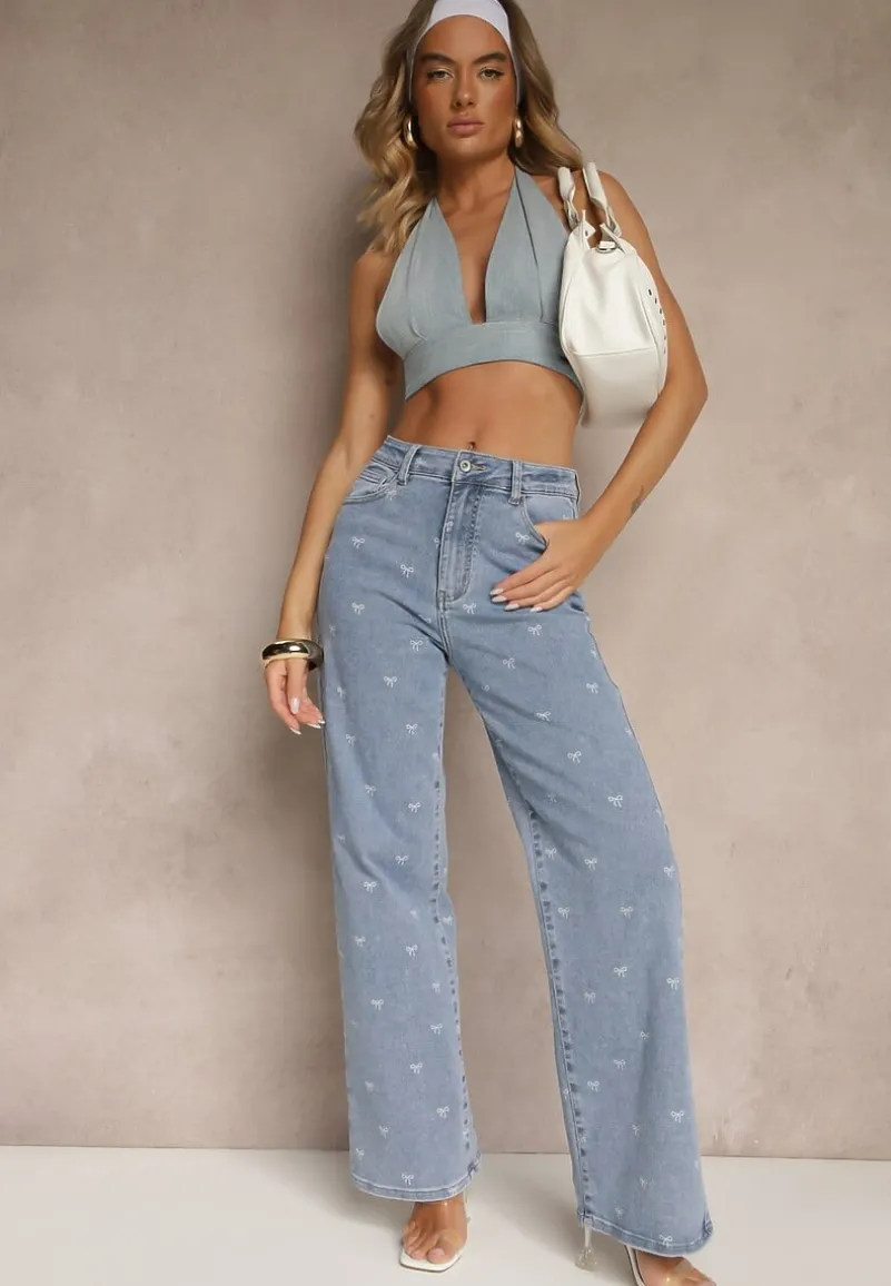 Niebieskie Jeansy High Waist z Szeroką Nogawką i Nadrukiem w Kokardki Folirela