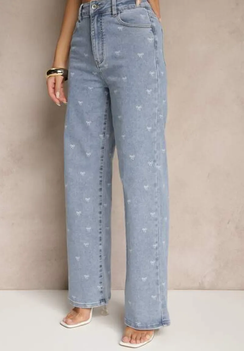 Niebieskie Jeansy High Waist z Szeroką Nogawką i Nadrukiem w Kokardki Folirela