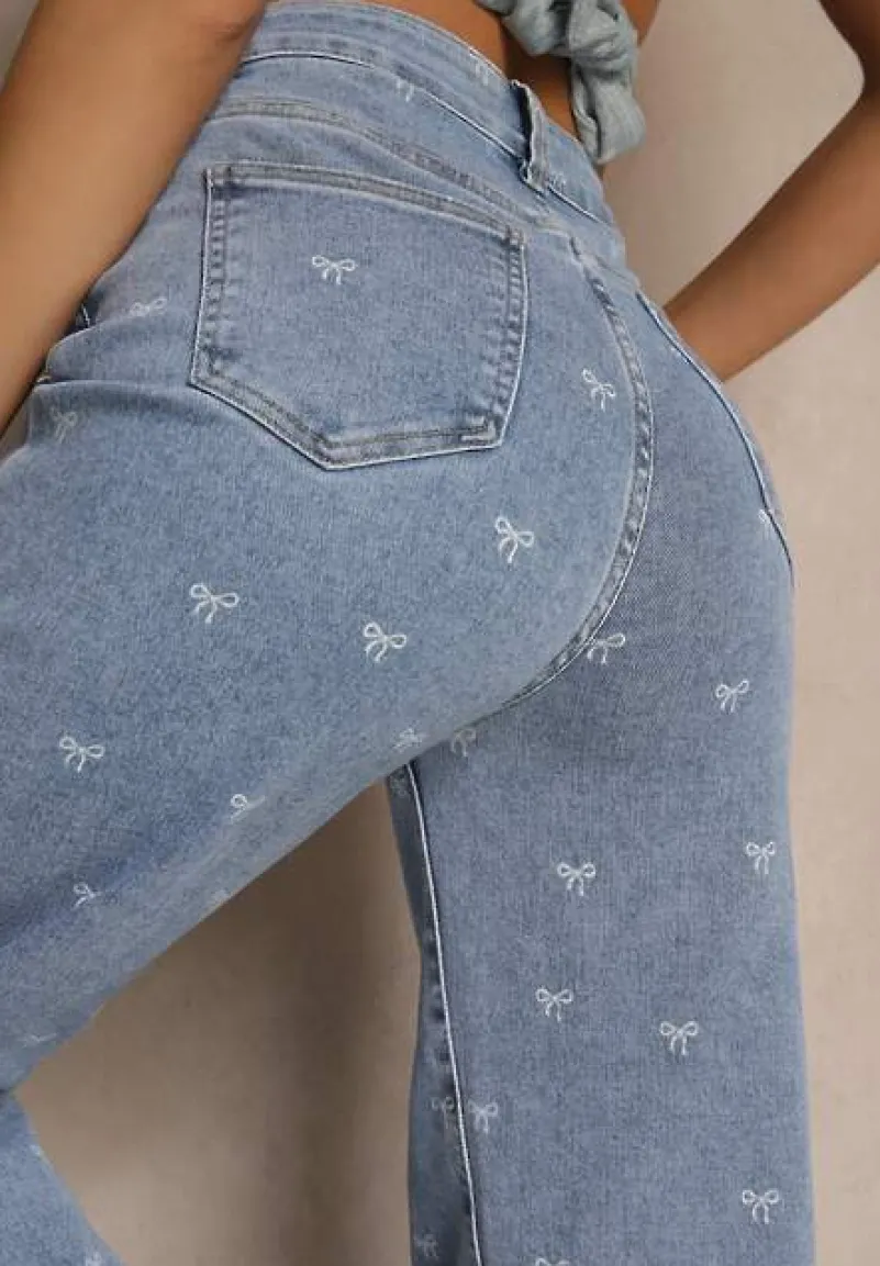 Niebieskie Jeansy High Waist z Szeroką Nogawką i Nadrukiem w Kokardki Folirela