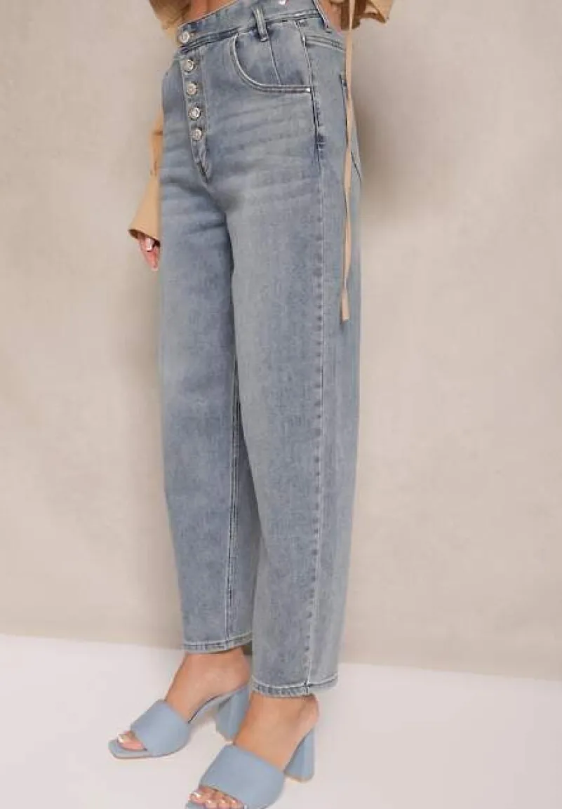 Niebieskie Jeansy High Waist z Bawełną o Kroju Mom Fit Efalina
