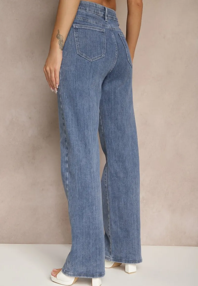 Niebieskie Jeansy High Waist Delikatnie Prążkowane o Szerokim Kroju Ulanissa