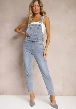 Niebieskie Jeansy Ogrodniczki High Waist z Bawełną Wykończone Guzikami Calliste