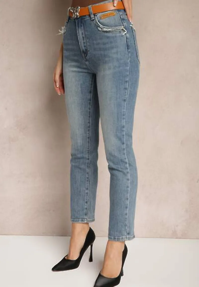 Niebieskie Jeansy o Kroju Regular Fit z Dodatkowym Ozdobnym Paskiem Delalithra