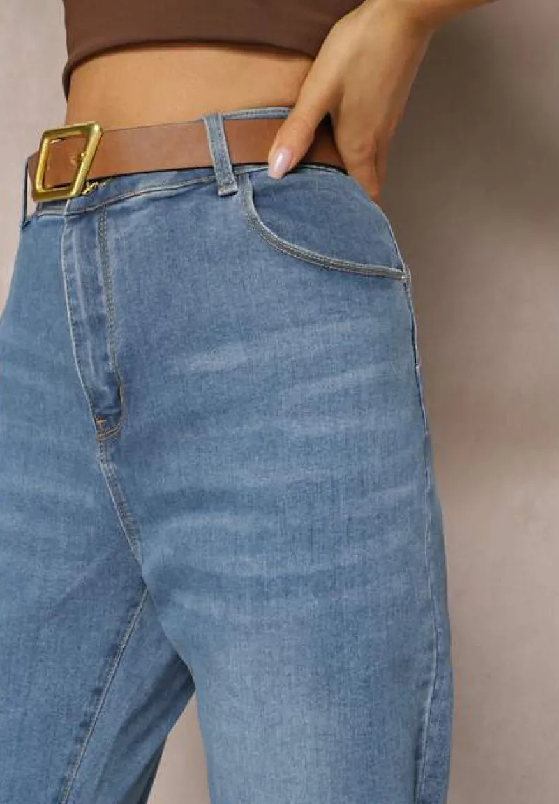 Niebieskie Jeansy Regular Push-Up z Paskiem z Klamrą Rosavita