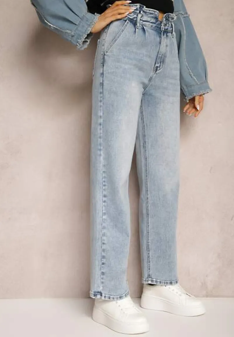 Niebieskie Jeansy Spodnie High Waist z Szerokimi Nogawkami Sancilla