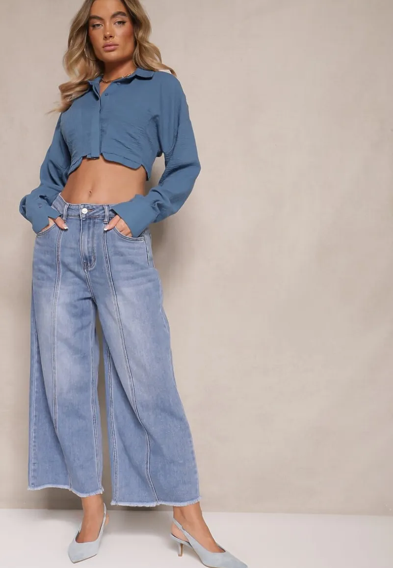 Niebieskie Jeansy Szwedy High Waist Zdobione Przeszyciem Wzdłuż Nogawki Pleffia