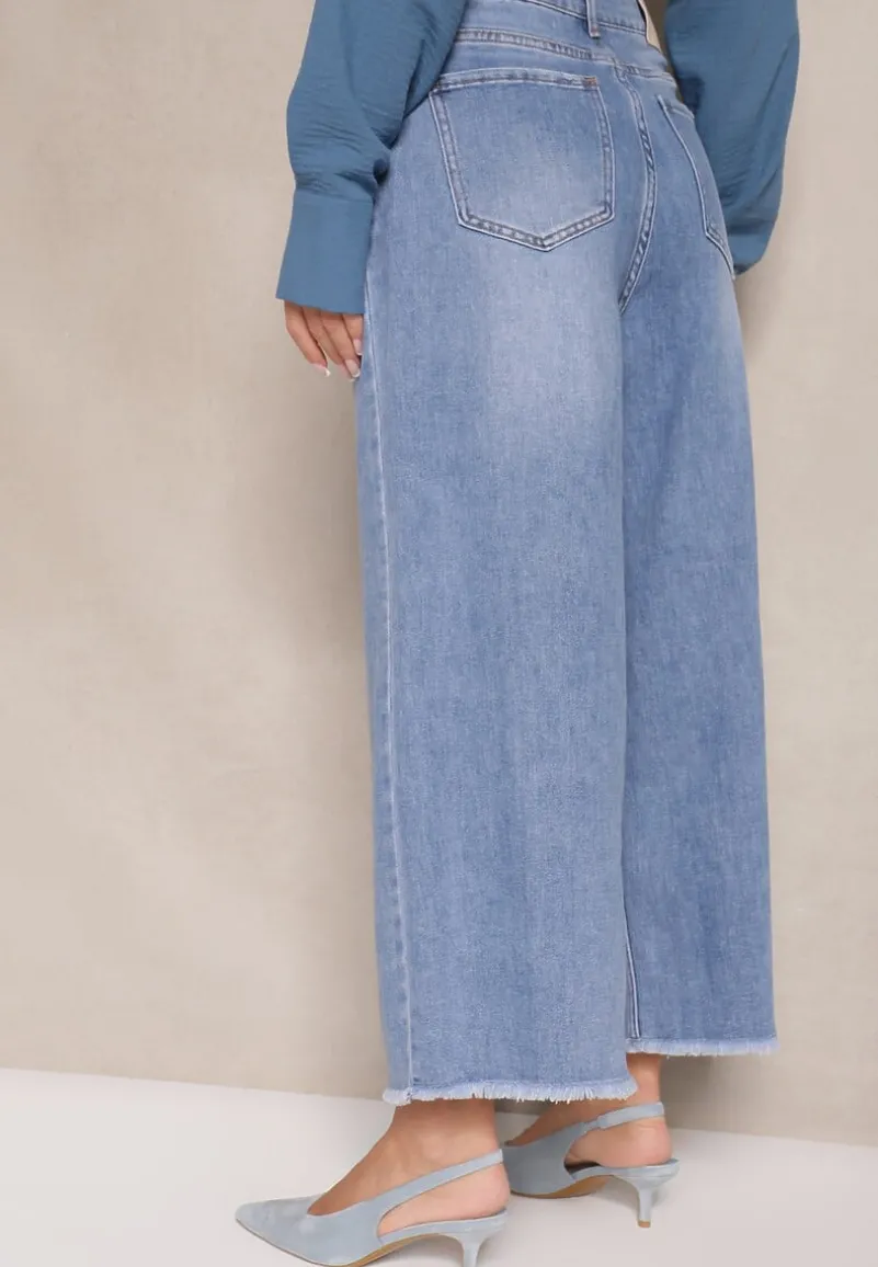 Niebieskie Jeansy Szwedy High Waist Zdobione Przeszyciem Wzdłuż Nogawki Pleffia